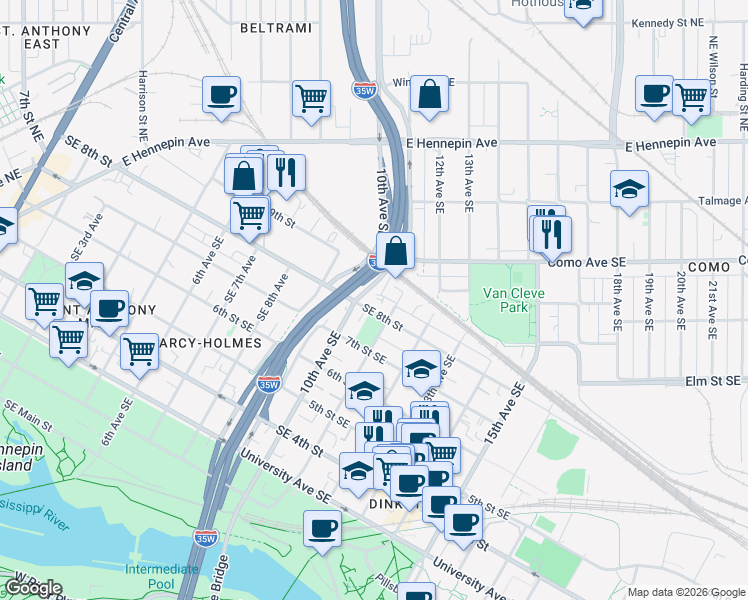 map of restaurants, bars, coffee shops, grocery stores, and more near 1015 Southeast 8th Street in Minneapolis