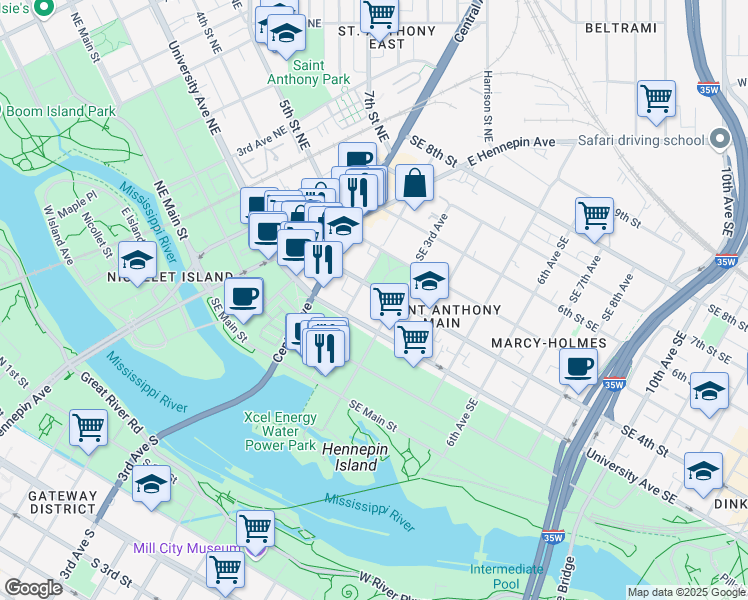 map of restaurants, bars, coffee shops, grocery stores, and more near 335 Southeast 3rd Avenue in Minneapolis