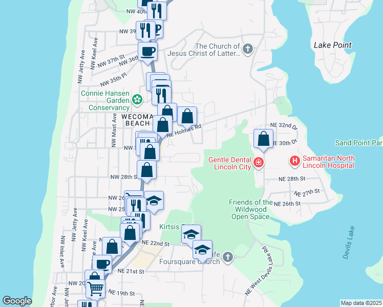 map of restaurants, bars, coffee shops, grocery stores, and more near 2306 Northeast 29th Street in Lincoln City