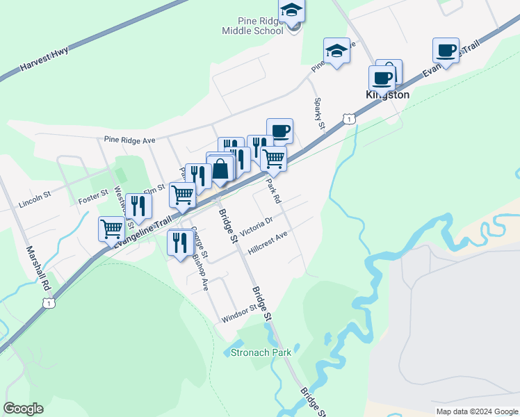 map of restaurants, bars, coffee shops, grocery stores, and more near 1482 Veterans Lane in Kingston