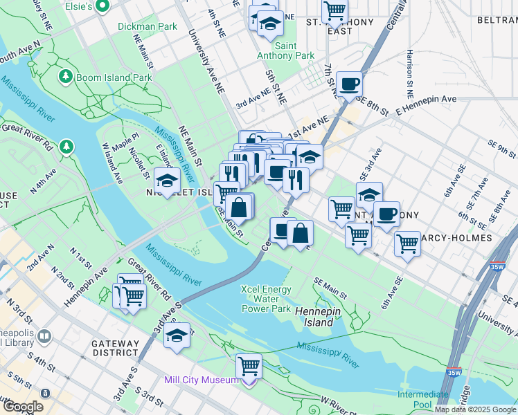map of restaurants, bars, coffee shops, grocery stores, and more near 51 2nd Street Southeast in Minneapolis
