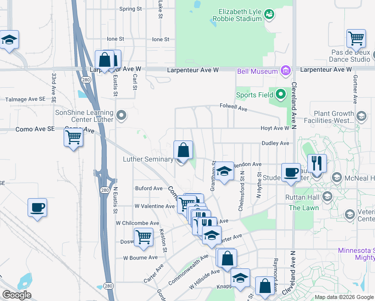 map of restaurants, bars, coffee shops, grocery stores, and more near 1503 Branston Street in Saint Paul