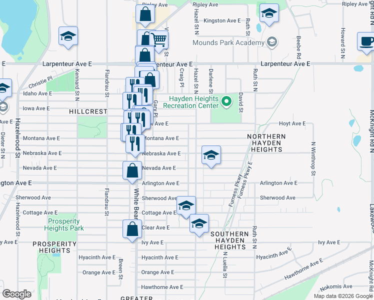 map of restaurants, bars, coffee shops, grocery stores, and more near 1883 Nebraska Avenue East in Saint Paul