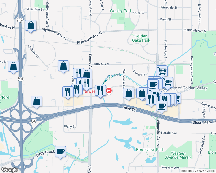 map of restaurants, bars, coffee shops, grocery stores, and more near 8400 Golden Valley Road in Golden Valley