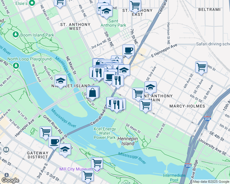 map of restaurants, bars, coffee shops, grocery stores, and more near 100 University Avenue Southeast in Minneapolis