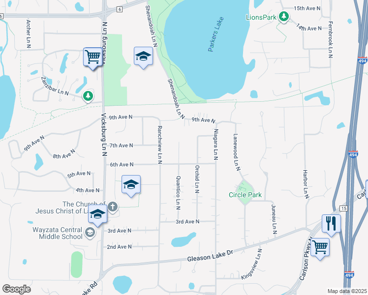 map of restaurants, bars, coffee shops, grocery stores, and more near 640 Quantico Lane North in Plymouth