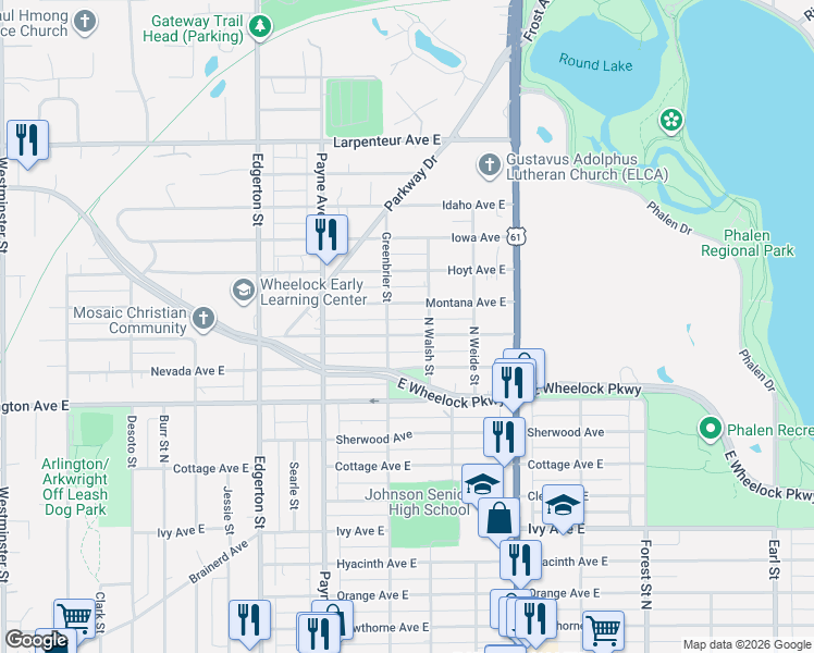 map of restaurants, bars, coffee shops, grocery stores, and more near 711 Nebraska Avenue East in Saint Paul