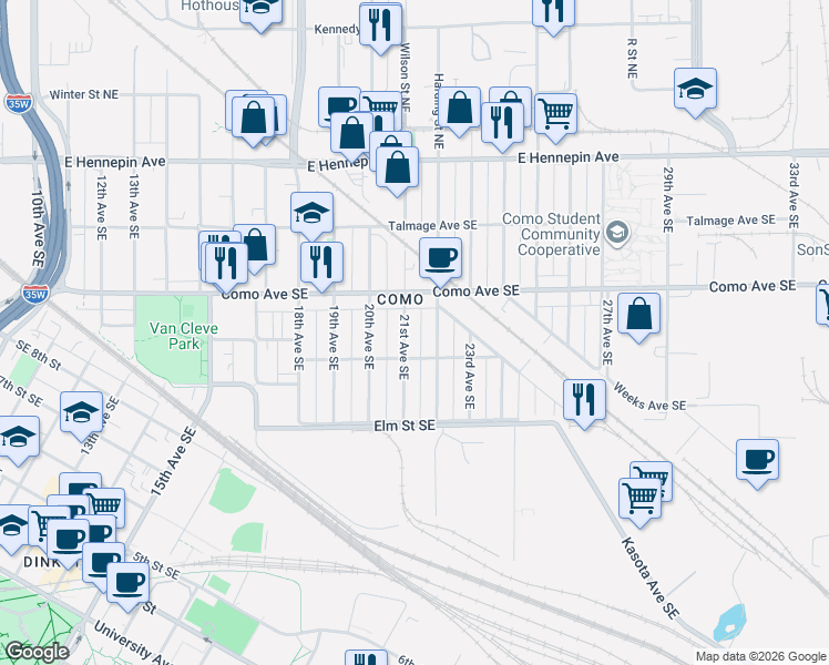 map of restaurants, bars, coffee shops, grocery stores, and more near 893 22nd Avenue Southeast in Minneapolis