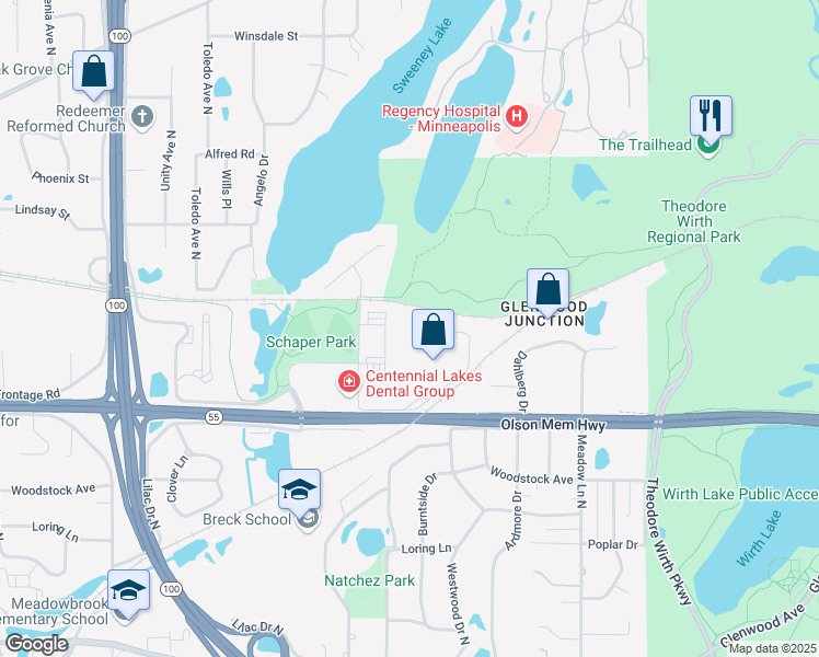 map of restaurants, bars, coffee shops, grocery stores, and more near 4696 Olson Memorial Highway in Golden Valley