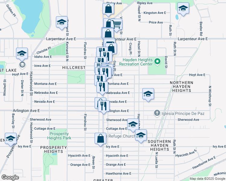map of restaurants, bars, coffee shops, grocery stores, and more near 1805 Nebraska Avenue East in Saint Paul