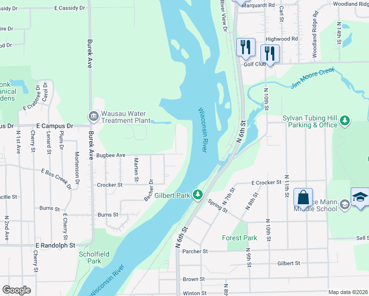 map of restaurants, bars, coffee shops, grocery stores, and more near 1011 Bugbee Avenue in Wausau
