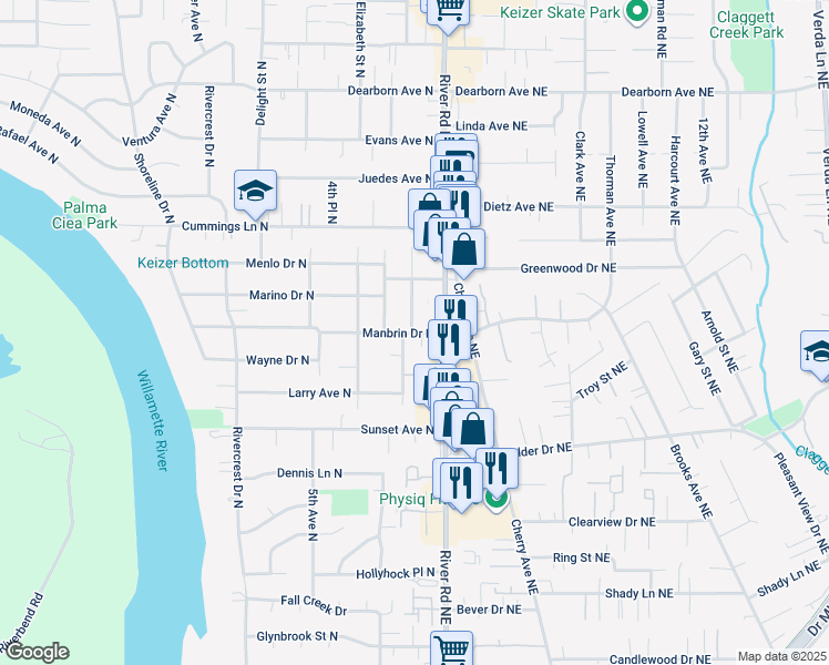 map of restaurants, bars, coffee shops, grocery stores, and more near 204 Manbrin Drive North in Keizer