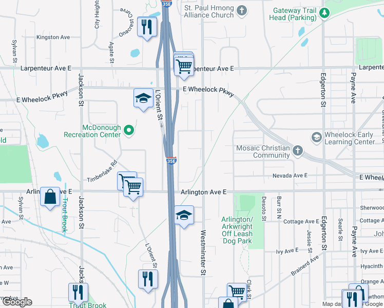 map of restaurants, bars, coffee shops, grocery stores, and more near 1511 Westminster Street in Saint Paul