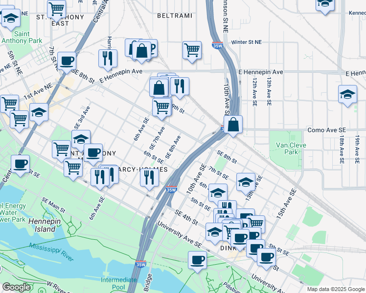 map of restaurants, bars, coffee shops, grocery stores, and more near 624 Southeast 8th Avenue in Minneapolis