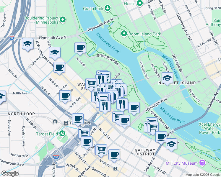 map of restaurants, bars, coffee shops, grocery stores, and more near 300 1/2 North 1st Avenue in Minneapolis