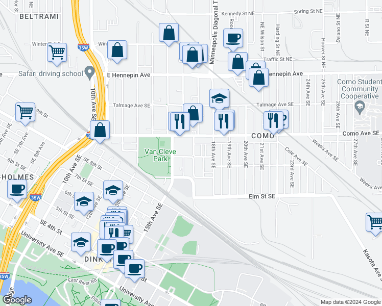 map of restaurants, bars, coffee shops, grocery stores, and more near 1529 Brook Ave SE in Minneapolis