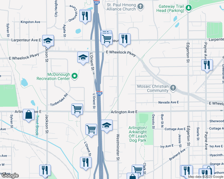 map of restaurants, bars, coffee shops, grocery stores, and more near 1511 Westminster Street in Saint Paul