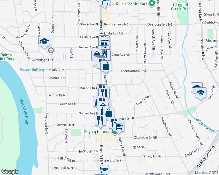 map of restaurants, bars, coffee shops, grocery stores, and more near 589 Manbrin Drive Northeast in Keizer