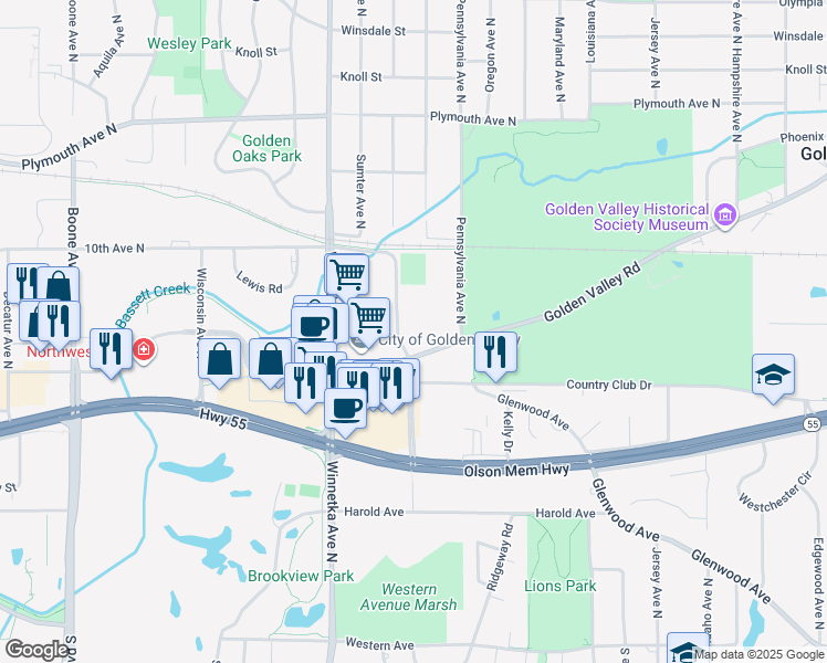 map of restaurants, bars, coffee shops, grocery stores, and more near 7600 Golden Valley Road in Golden Valley