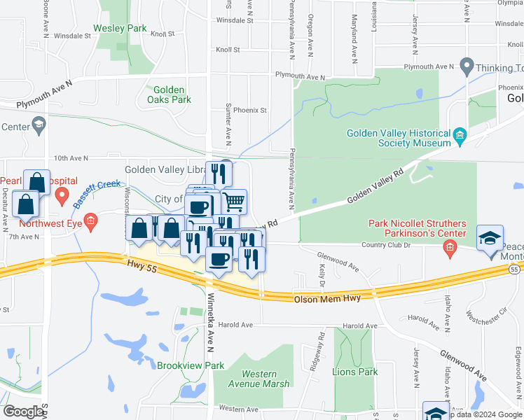 map of restaurants, bars, coffee shops, grocery stores, and more near 7600 Golden Valley Road in Golden Valley