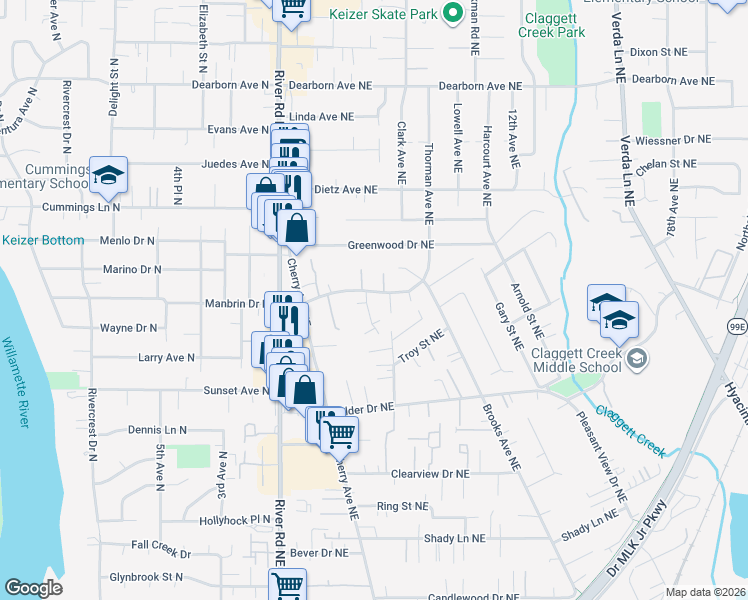 map of restaurants, bars, coffee shops, grocery stores, and more near 4268 Meadowbrook Court Northeast in Keizer