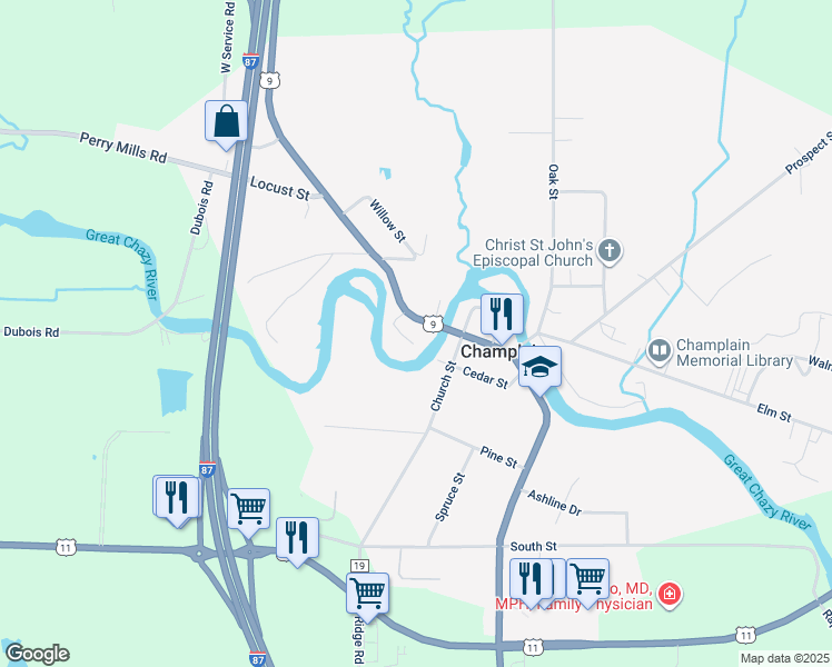 map of restaurants, bars, coffee shops, grocery stores, and more near 18-98 Cane Street in Champlain