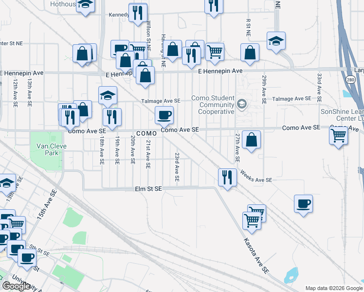 map of restaurants, bars, coffee shops, grocery stores, and more near 891 23rd Avenue Southeast in Minneapolis