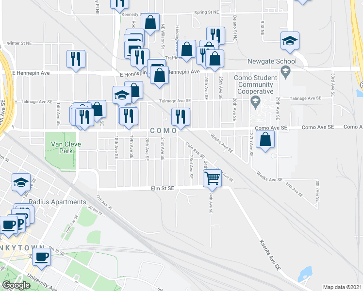 map of restaurants, bars, coffee shops, grocery stores, and more near 891 23rd Avenue Southeast in Minneapolis