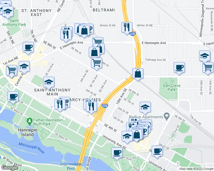 map of restaurants, bars, coffee shops, grocery stores, and more near 624 Southeast 8th Avenue in Minneapolis