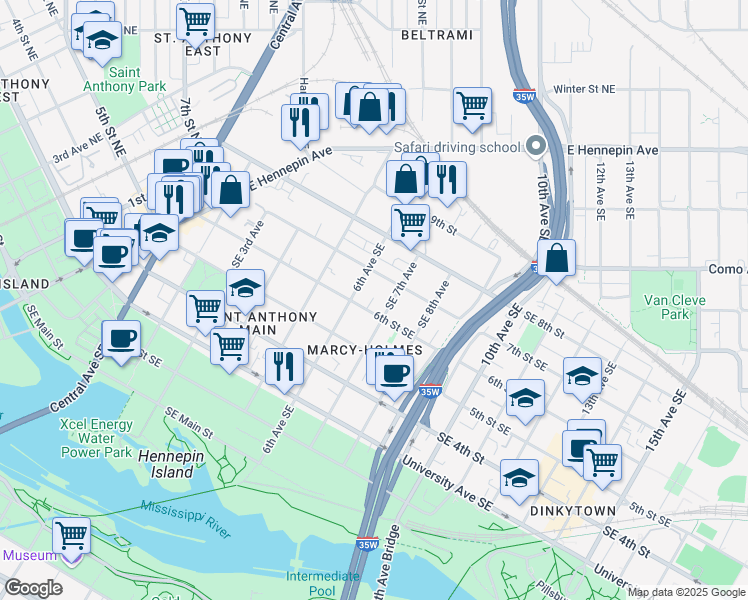map of restaurants, bars, coffee shops, grocery stores, and more near 618 6th Street Southeast in Minneapolis