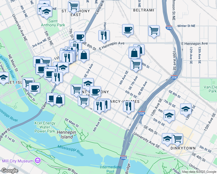 map of restaurants, bars, coffee shops, grocery stores, and more near 501 5th Street Southeast in Minneapolis