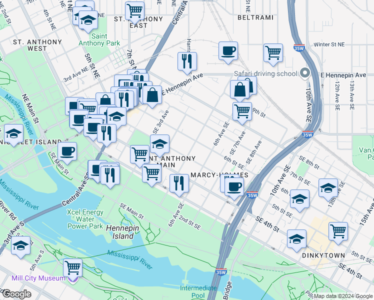 map of restaurants, bars, coffee shops, grocery stores, and more near 501 5th Street Southeast in Minneapolis