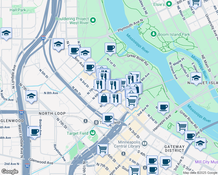 map of restaurants, bars, coffee shops, grocery stores, and more near in Minneapolis