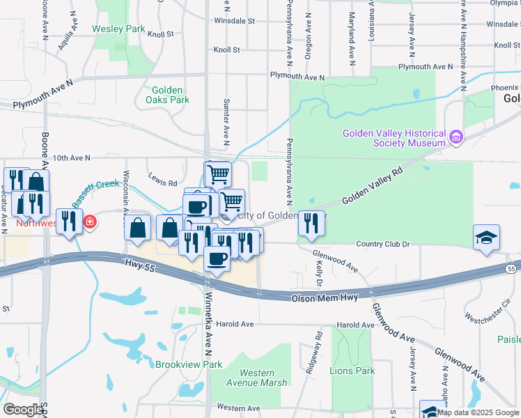 map of restaurants, bars, coffee shops, grocery stores, and more near 7600 Golden Valley Road in Golden Valley