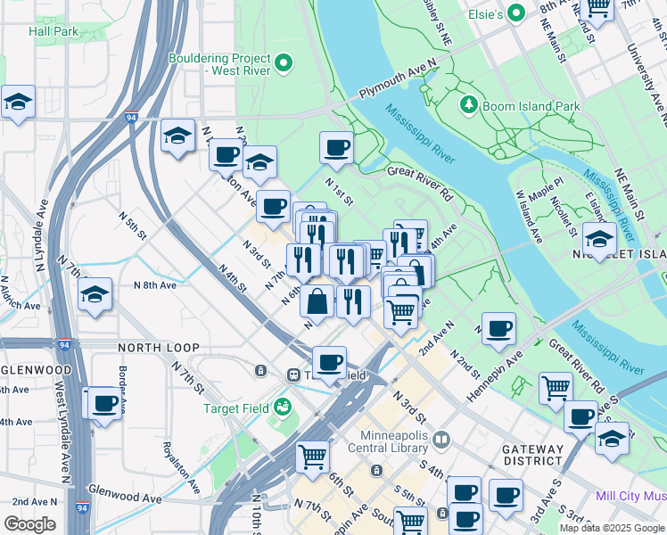map of restaurants, bars, coffee shops, grocery stores, and more near in Minneapolis