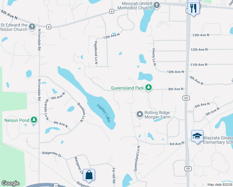 map of restaurants, bars, coffee shops, grocery stores, and more near 700 Shadyview Lane in Plymouth