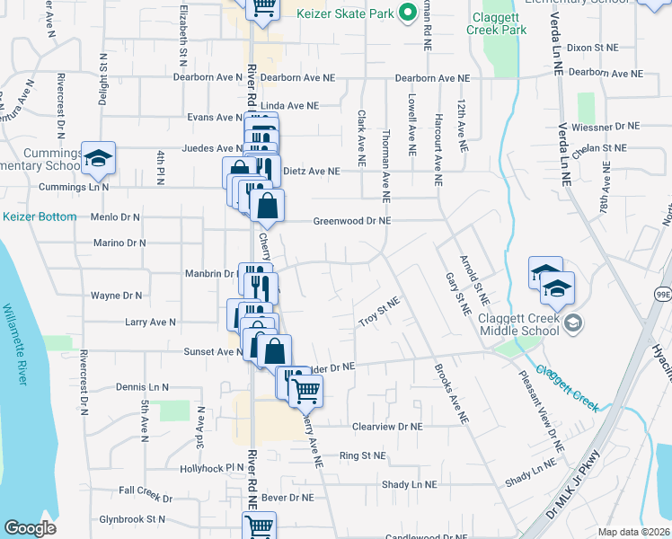 map of restaurants, bars, coffee shops, grocery stores, and more near 4268 Meadowbrook Court Northeast in Keizer