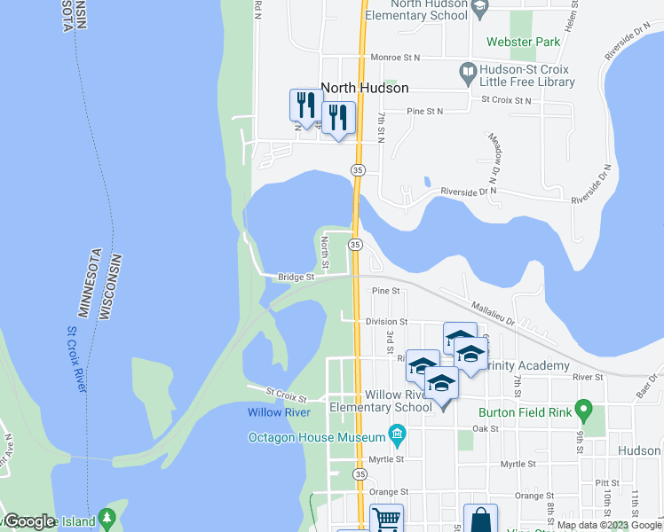map of restaurants, bars, coffee shops, grocery stores, and more near 100 North Street in Hudson
