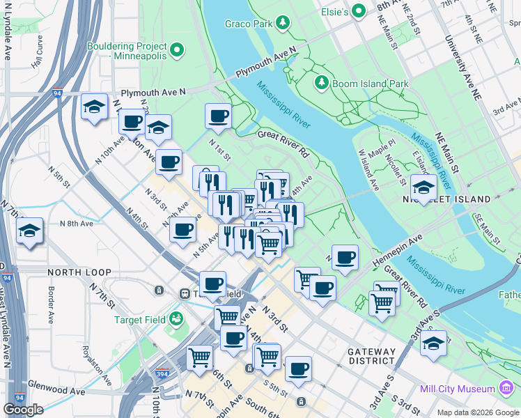 map of restaurants, bars, coffee shops, grocery stores, and more near in Minneapolis