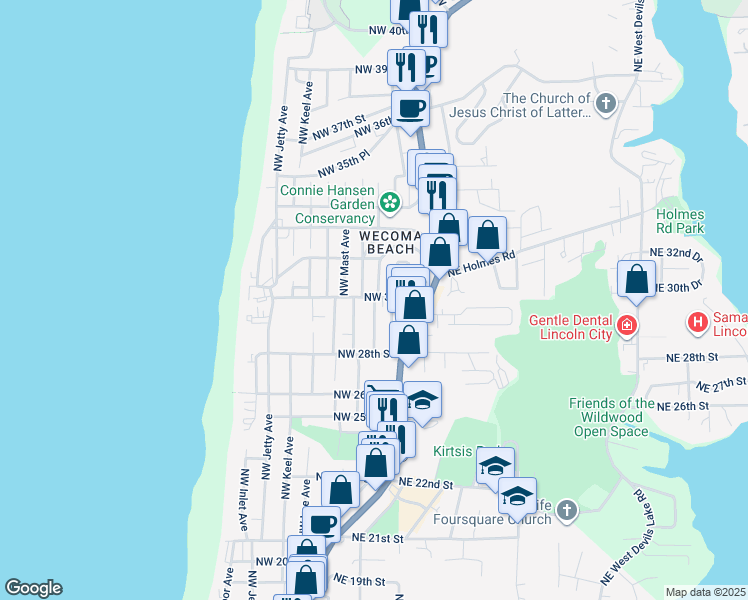 map of restaurants, bars, coffee shops, grocery stores, and more near 3244 Northwest Oar Avenue in Lincoln City