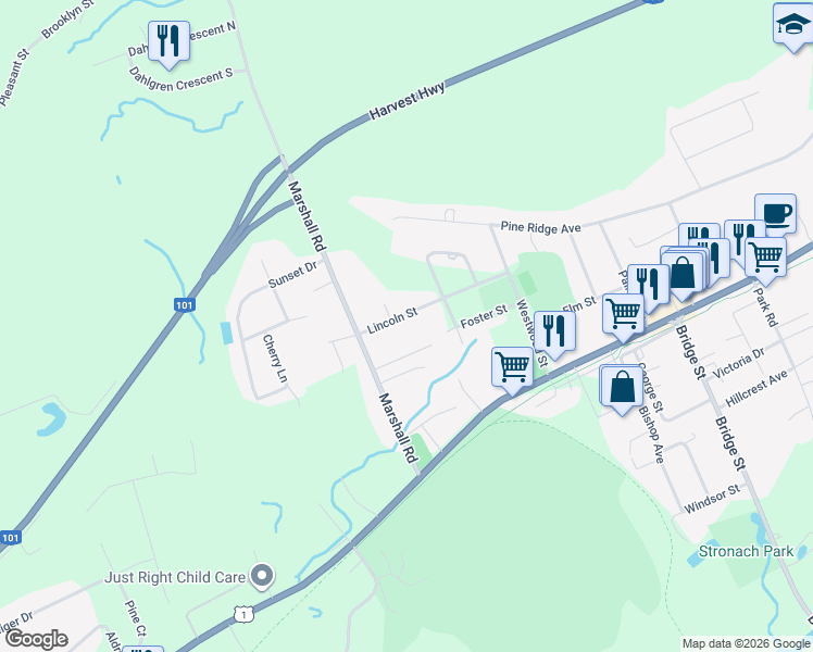 map of restaurants, bars, coffee shops, grocery stores, and more near 356 Lincoln Street in Kingston