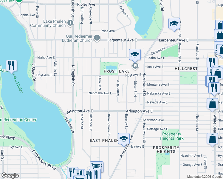 map of restaurants, bars, coffee shops, grocery stores, and more near 1496 Birmingham Street in Saint Paul