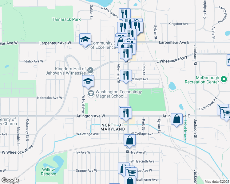 map of restaurants, bars, coffee shops, grocery stores, and more near 1524 North Woodbridge Street in Saint Paul