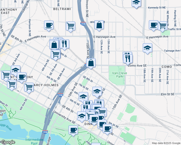map of restaurants, bars, coffee shops, grocery stores, and more near 1015 Southeast 8th Street in Minneapolis