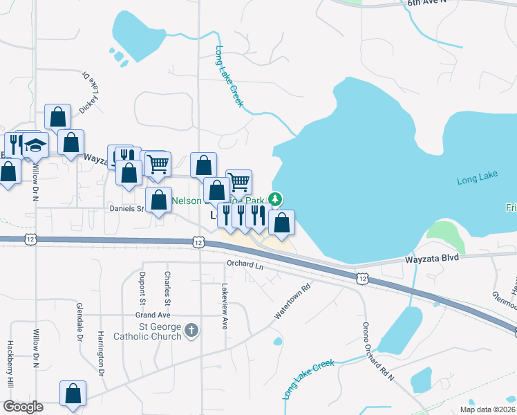 map of restaurants, bars, coffee shops, grocery stores, and more near 1885 Symes Street in Long Lake