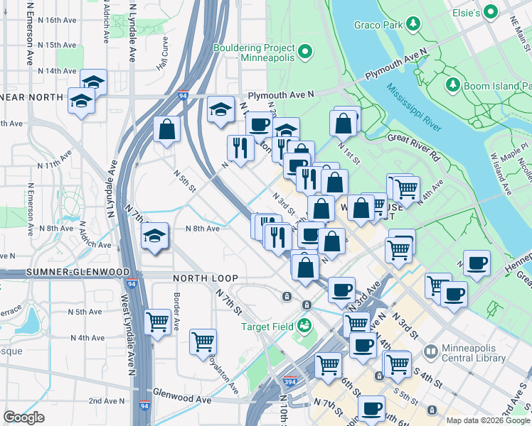 map of restaurants, bars, coffee shops, grocery stores, and more near 7 North 4th Street in Minneapolis