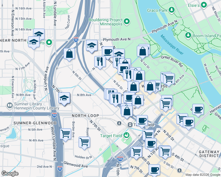 map of restaurants, bars, coffee shops, grocery stores, and more near 7 North 4th Street in Minneapolis