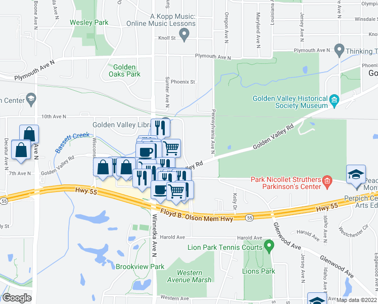 map of restaurants, bars, coffee shops, grocery stores, and more near in Golden Valley