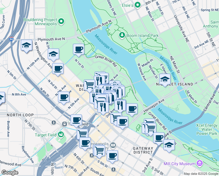 map of restaurants, bars, coffee shops, grocery stores, and more near 300 1/2 North 1st Avenue in Minneapolis