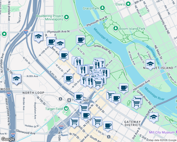 map of restaurants, bars, coffee shops, grocery stores, and more near in Minneapolis